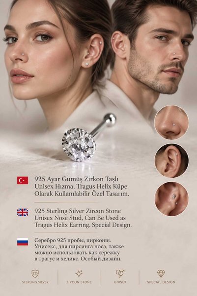 UygunGümüşçülük 925 Ayar Gümüş Zirkon Taşlı Unisex Hızma Küpe Çivi Halka Mini...