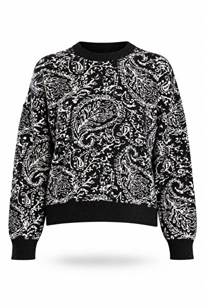 5in1Canpolat Black Patterned Crew Neck Sweater 1245