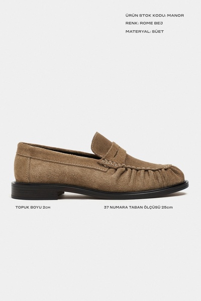 NİŞANTAŞI SHOES Manor Rome Bej Hakiki Süet Deri Saraç Büzgü Detay Düz Taban Kadın Penny Loafer