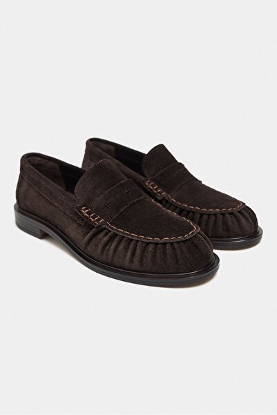 NİŞANTAŞI SHOES Manor Bitter Kahve Hakiki Süet Deri Saraç Büzgü Detay Düz Taban Kadın Penny Loafer