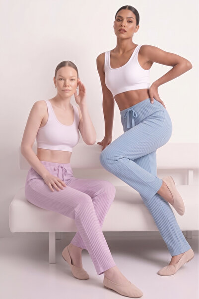 Farya Home 2li Set Kalın Kışlık Şeritli İnterlok Örme Yumuşak Tuşe Pijama Altı