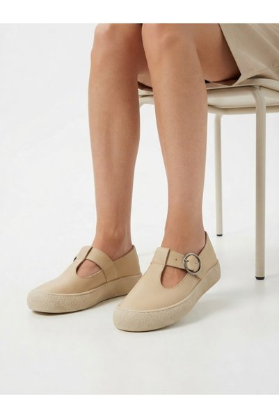 Tamdabu Ayakkabı Genuine Leather Cream Buckle Anatomical Sole Women's Shoes