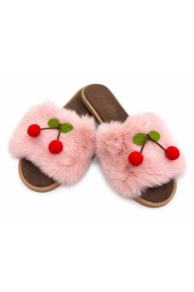 PAPUCUMUN DÜNYASI Women's Plush Fur Soft-Sole Lightweight Slippers with Cherry Details