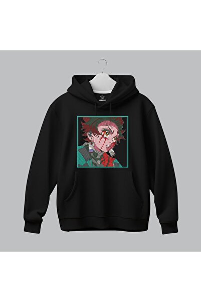 KEYFHOME Hanorac cu glugă unisex cu broderie anime Tanjiro Kamado Demon Slayer