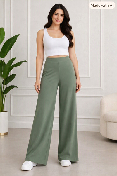 Umay moda 59 بنطلون نسائي عالي الخصر - قماش بالازو - قماش أوشوه - أرجل واسعة - تصميم أنيق ومريح