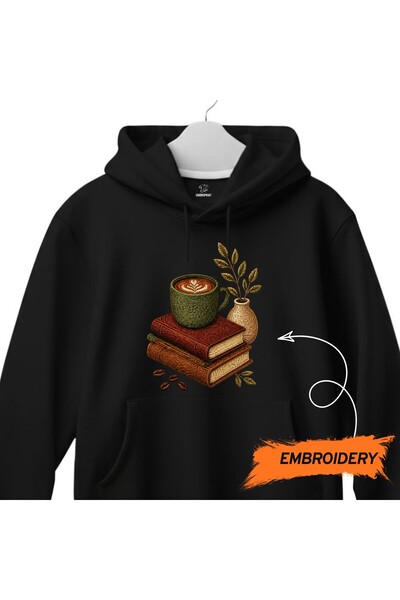 KEYFHOME Hanorac unisex cu glugă și broderie cu design de cafea și carte