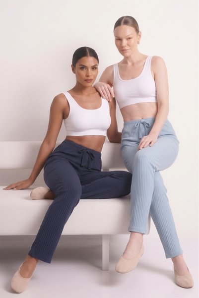 Farya Home 2li Set Kalın Kışlık Şeritli İnterlok Örme Yumuşak Tuşe Pijama Altı