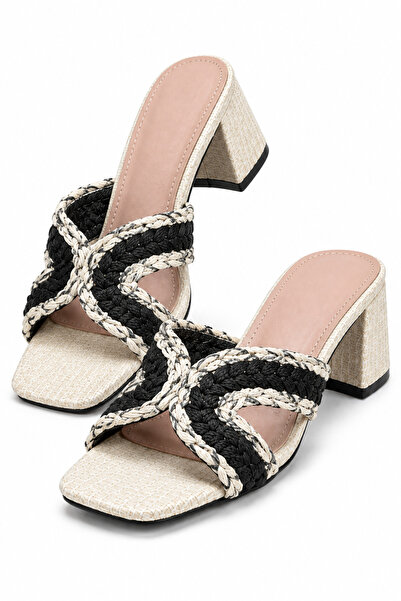 Generic Brand Women’s Black Woven Heeled Sandals – Braided Strap Square Open ...