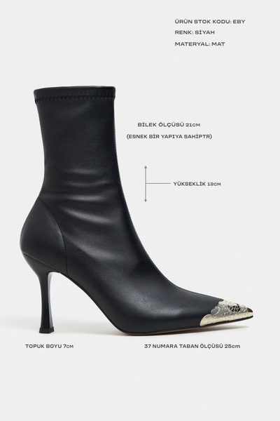 NİŞANTAŞI SHOES Eby Siyah Mat Ön Aksesuar Detay İnce Topuklu Fermuarlı Sivri Burun Kadın Streç Bot