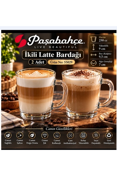 Paşabahçe 2 li Latte kupa bardak 55029 kalın kalıteli 250 cc hacim 9 cm boyu ...