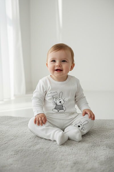 BİANCOFİGLİO Baby Suit with Front Fastening and Lace-Edged Sleeves
