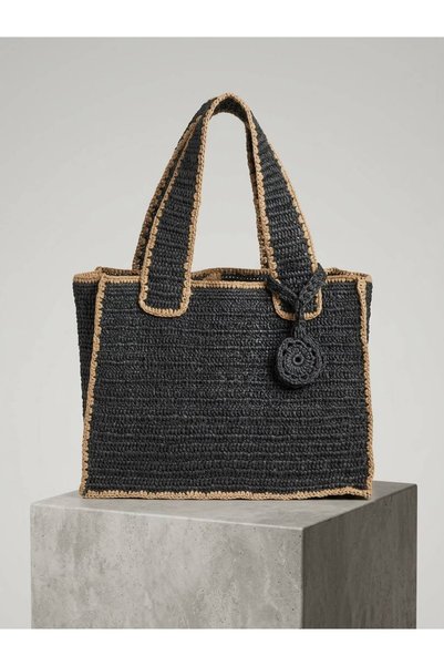 EFLİNS Gray Bag Hand Knitted Raffia