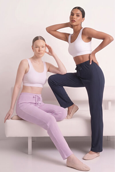 Farya Home 2li Set Kalın Kışlık Şeritli İnterlok Örme Yumuşak Tuşe Pijama Altı