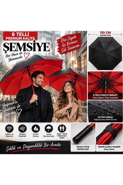 TREND 8 Telli Premium Şemsiye – Dışı Siyah İçi Kırmızı, 110 cm Geniş Çaplı Da...