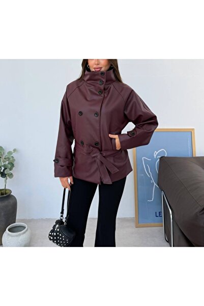 OnPelin jeans Faux Leather Short Trench Coat (Hooded)