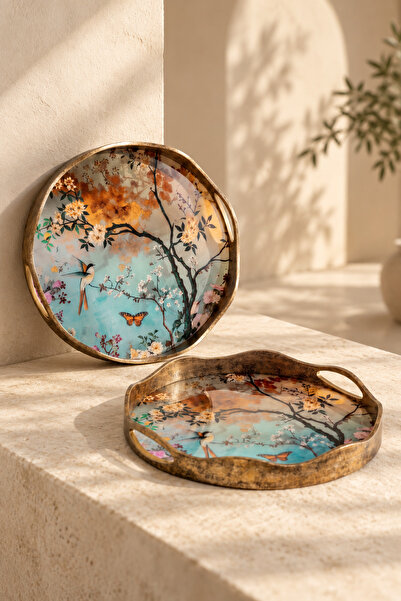 Meturas Flower and Bird Patterned Decorative Rectangular Tray Set of 2, Gold ...