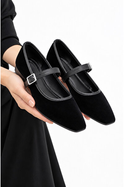 Bayramoğlu Women's Black Velvet Ballerinas Mary Jane Model Buckle Stylish Cas...