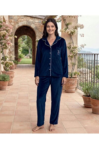 Victoria düğmeli kadife pijama takımı