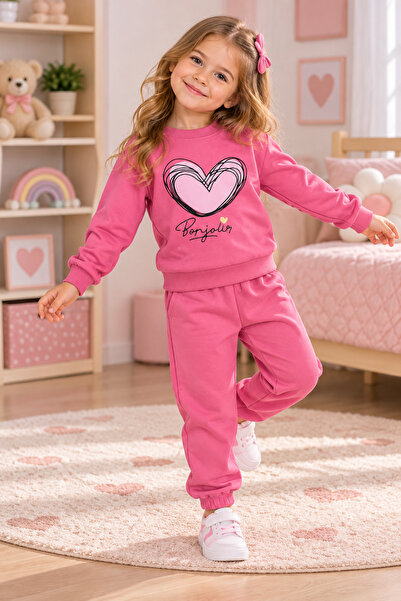 SERPİL Ss Gi̇yi̇m Girls' Heart Printed Tracksuit Set – Sweatshirt and Jogger ...