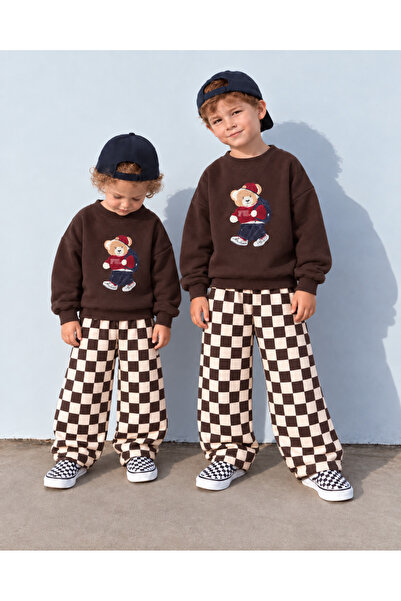 KOKOŞ BEBEK Boy's Teddy Bear Detailed Oversized Sweatshirt Checkered Pants 2-...