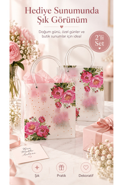 ASL ArtPaper 2’li Vintage Çiçek Desenli Buzlu Şeffaf PVC Hediye Çantası 22x24x10 cm