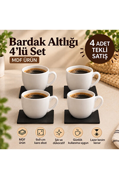 yhfoto 4 Adet Bardak Altlığı - Siyah Kare Mdf Bardak Altlığı - 9x9 cm
