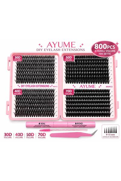AYUME BEAUTY 800'lü Premium Volume İpek Kirpik Seti - Cımbız, Yapıştırıcı, Sa...