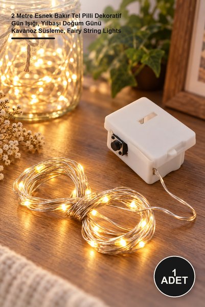 Yenilig 1 Adet Peri LED Işığı – 2 Metre Esnek Bakır Tel Pilli Dekoratif Gün I...