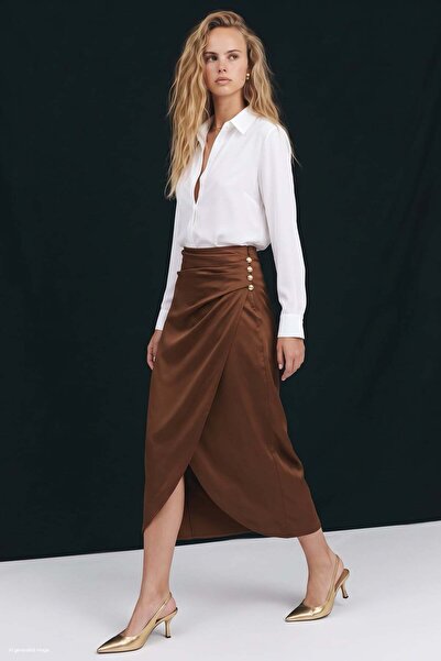 Sateen Düğme Detaylı Saten Etek - Kahve