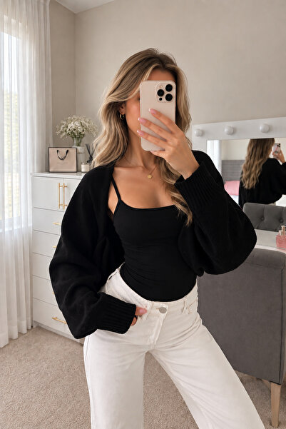 Lintersia Kadın Örme Triko Bolero Kısa Hırka Geniş Kollu Rahat Kalıp
