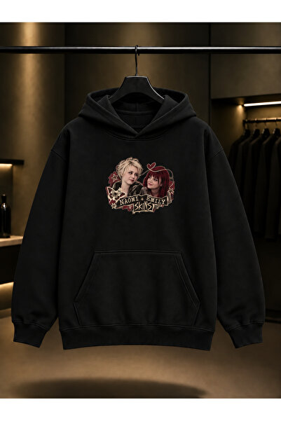 fame-stoned Skins Naomi Emily Printed Unisex 100% Cotton Black Hooded Sweatshirt
