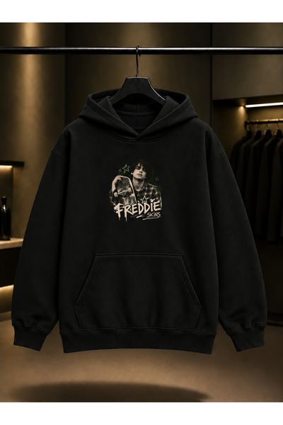 fame-stoned Skins Freddie Printed Unisex 100% Cotton Black Hooded Sweatshirt