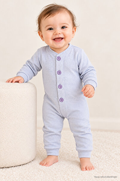 ANP MODA TASARIM Ribbed Buttoned Front Long Sleeve Footless Baby Romper