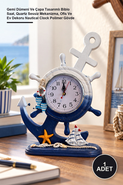 Yenilig 1 Adet Dekoratif Denizci Masa Saati – Gemi Dümeni Ve Çapa Tasarımlı Biblo Saat, Quartz Sessiz Mekanizma, Ofis Ve Ev Dekoru Nautical Clock Polimer Gövde