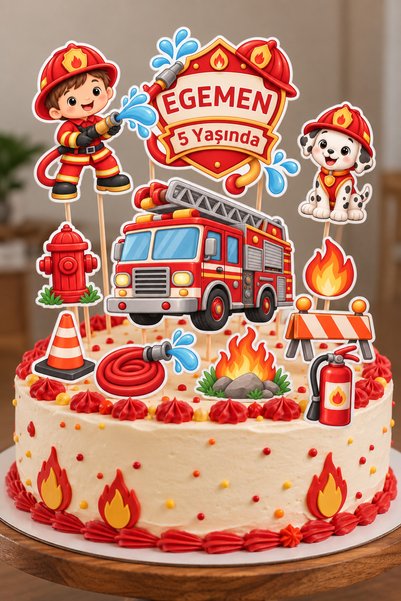 StickerAtölye İsme Özel İtfaiye Macerası Pasta Süsü Seti – İtfaiye Arabalı Do...