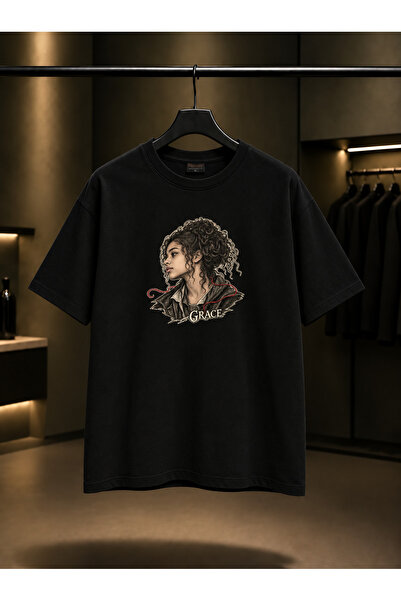 fame-stoned Skins Grace — Red Thread Printed Unisex 100% Cotton Black T-Shirt