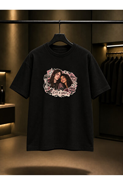 fame-stoned Skins Rich & Grace — Collage Printed Unisex 100% Cotton Black T-S...
