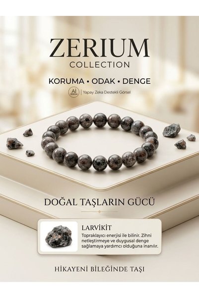 ZERİUM Real Natural Stone Bracelet Protection - Focus and Balance Larvikite Stone
