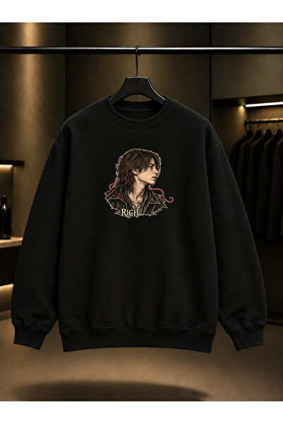 fame-stoned Skins Rich — Red Thread Printed Unisex 100% Cotton Black Crew Nec...