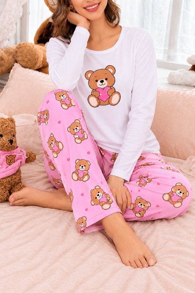 Zaya Homewear Λευκό μακρυμάνικο σετ πιτζάμες με ροζ αρκουδάκι, σούπερ μαλακό ...