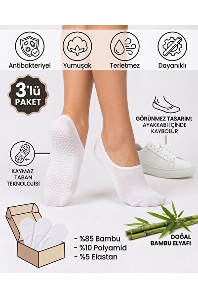 Sabase 3'lü Paket Bambu Kaymaz Taban Sneaker Çorap (Kadın 36-40)