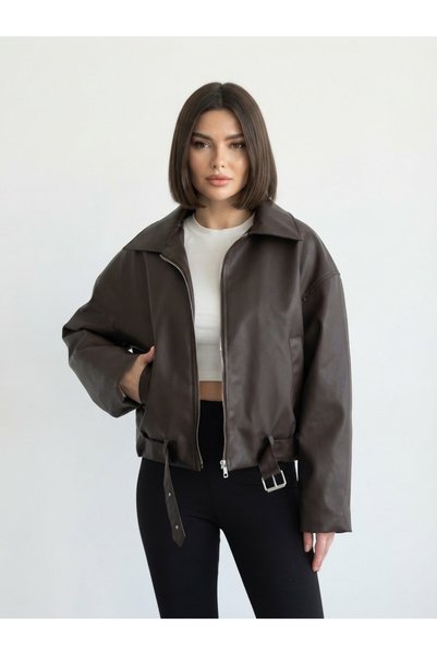 PRİFALDİ Pb Wool-Detail Belt Detail Aci Brown Women's Bomber Leather Jacket