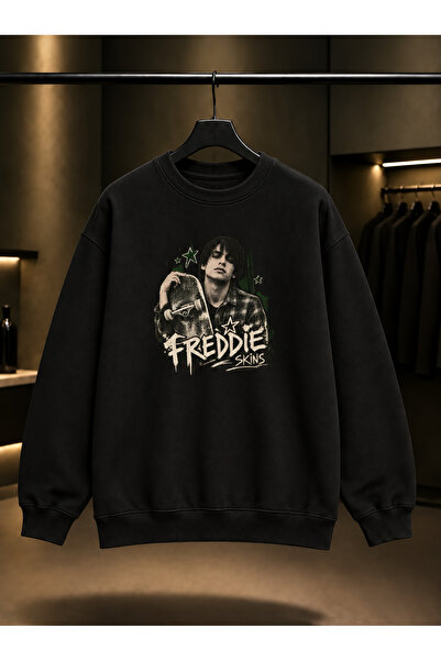 fame-stoned Skins Freddie Printed Unisex 100% Cotton Black Crew Neck Sweatshirt