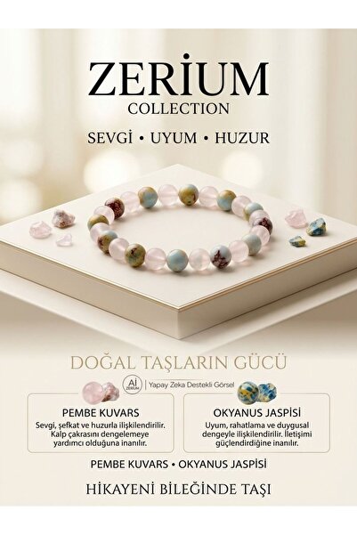 ZERİUM Real Natural Stone Bracelet Love - Harmony and Peace Pink Quartz and O...