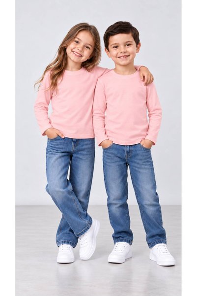babito store Babito %100 Pamuk Unisex Çocuk Bisiklet Yaka Uzun Kollu Basic Badi 2-10 Yaş