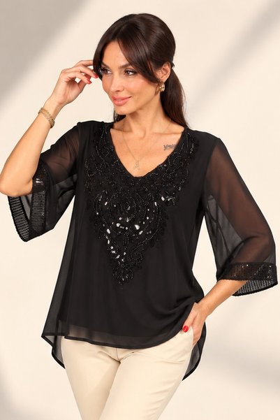 By Saygı Women's Collar Sequin-Bead Embroidered Chiffon Long Sleeve Comfortable Fit Sandy Blouse
