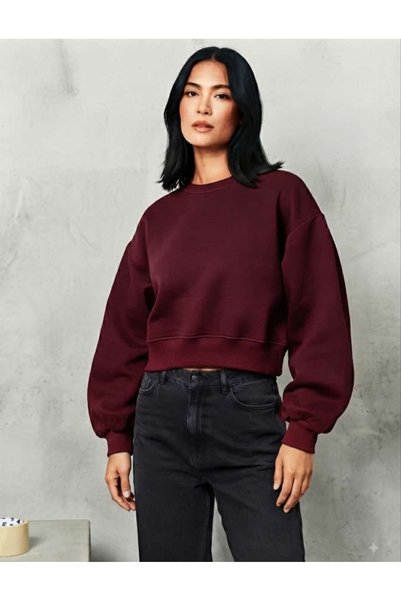S&B MODA Kadın Göbek Açık Oversize Crop 3 İplik Compact Kumaş Kaliteli Rahat Kesim