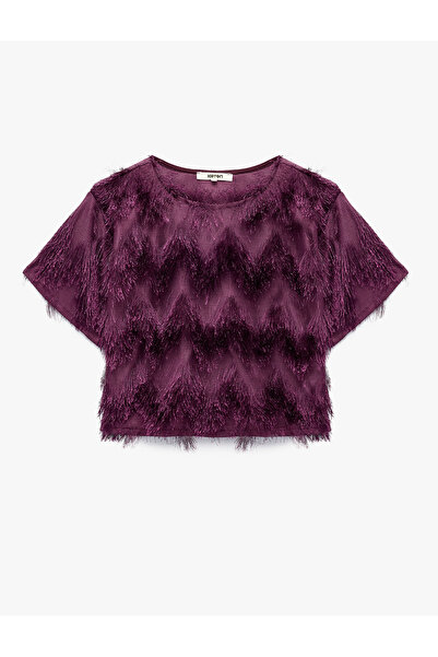Koton Plush Detailed Crew Neck Short Sleeve Crop Blouse