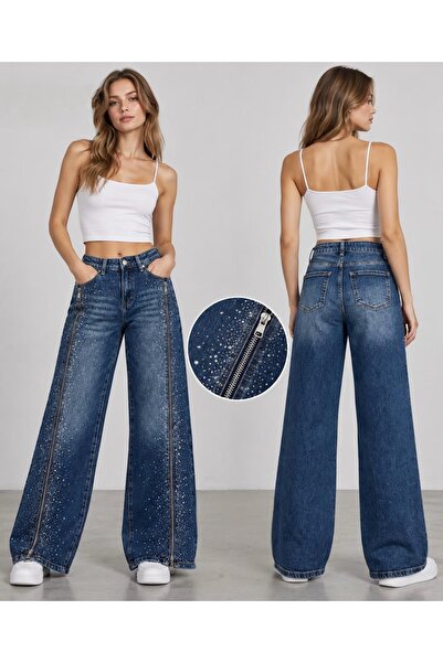 Generic Brand Blugi wide leg cu fermoar și sclipici
