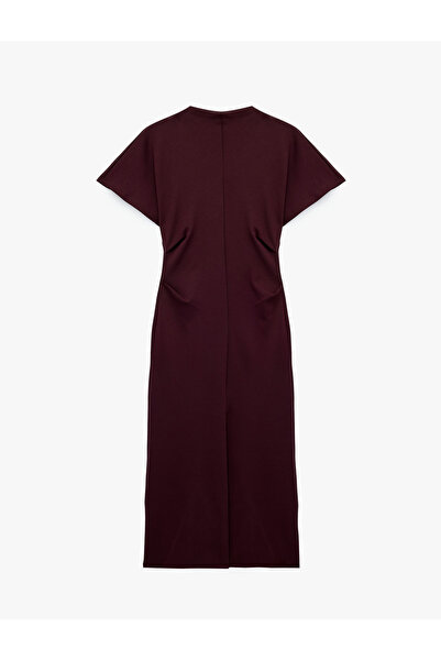 Koton Slim Fit Kısa Kollu Dik Yaka Pamuklu Drapeli Midi Bodycon Elbise